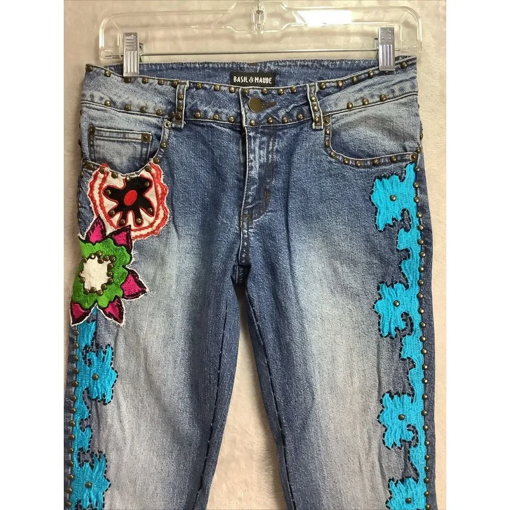 Vintage Basil & Maude Embroidered And Rivited Blue Jeans Size 2 lowrise stretch